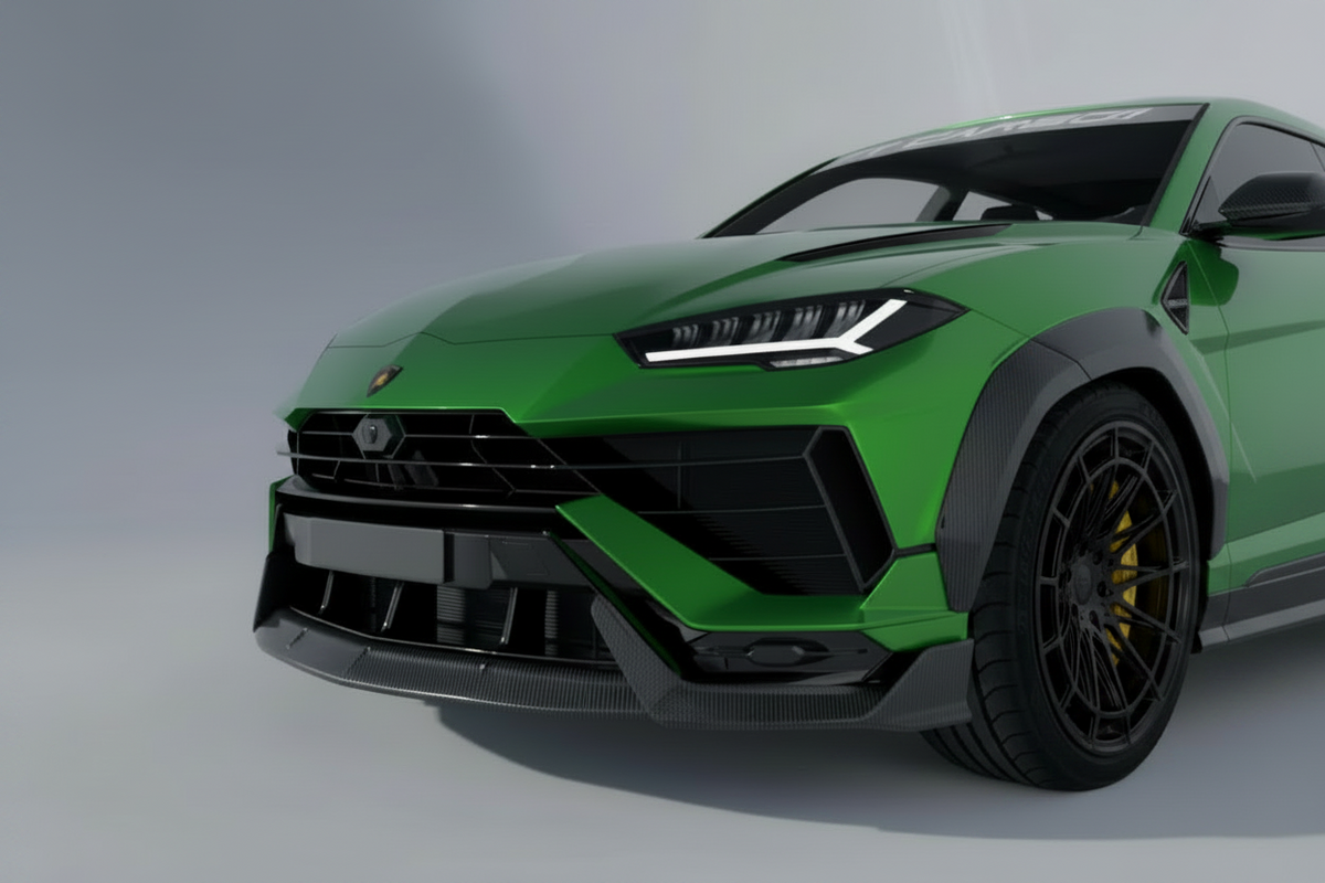 Lamborghini Urus Carbon Fibre Front Splitter pictured fitted to the vehicle 
