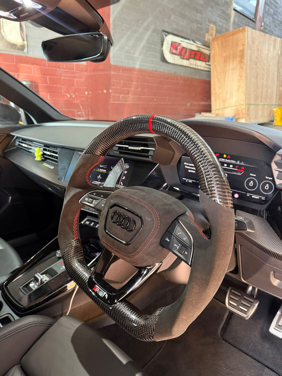 Audi RS3 8Y Steering Wheel, Flat Bottom Carbon Fibre and Alcantara with Red Stitching and Carbon Paddles, Customer Build