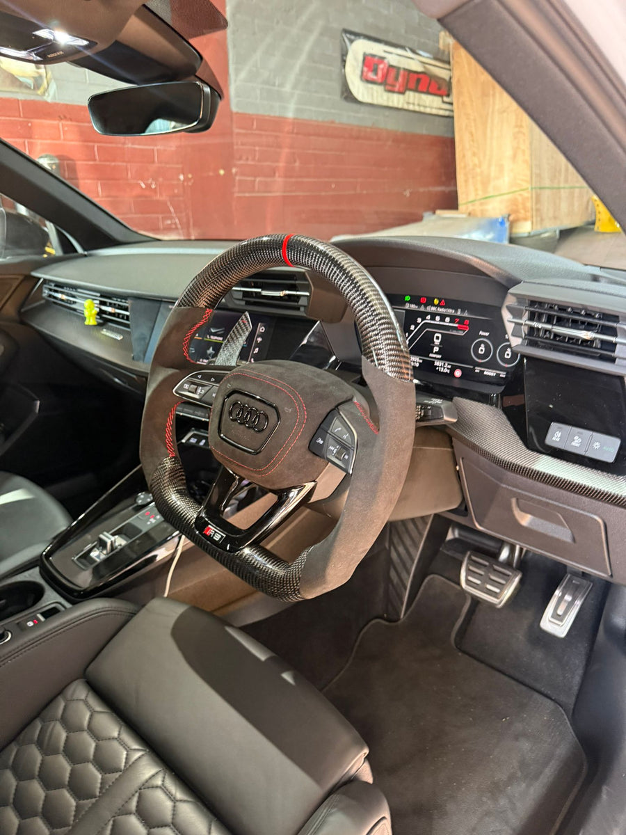Audi RS3 8Y Steering Wheel, Flat Bottom Carbon Fibre and Alcantara with Red Stitching and Carbon Paddles, Customer Build