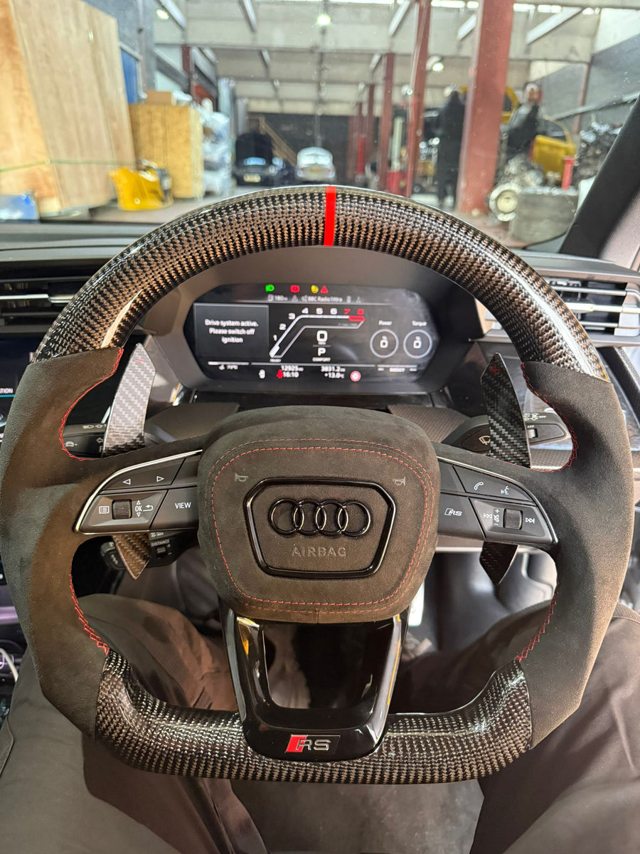 Audi RS3 8Y Steering Wheel, Flat Bottom Carbon Fibre and Alcantara with Red Stitching and Carbon Paddles, Customer Build