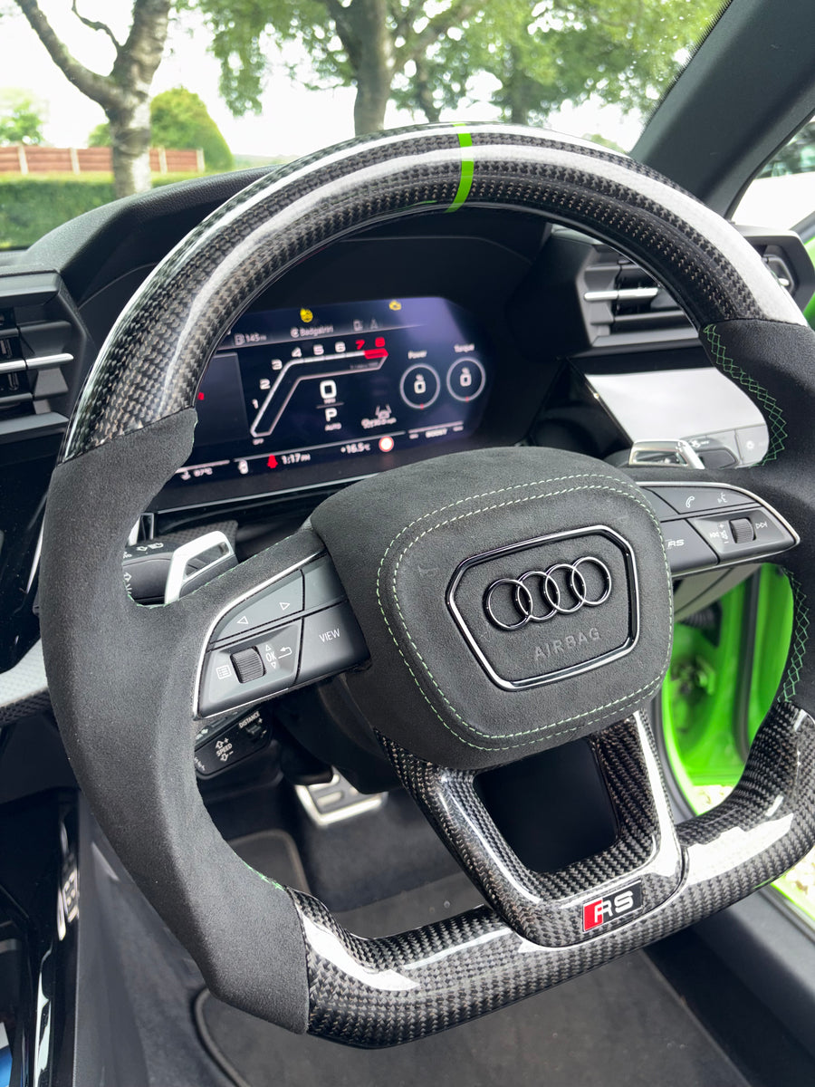 Audi RS3 8Y Steering Wheel, Flat Bottom Carbon Fibre and Alcantara with Kyalami Green Stitching, Customer Build