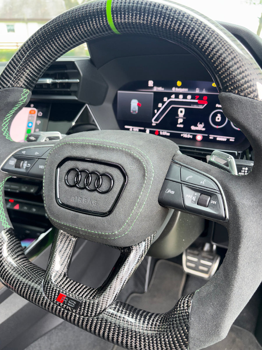 Audi RS3 8Y Steering Wheel, Flat Bottom Carbon Fibre and Alcantara with Kyalami Green Stitching, Customer Build