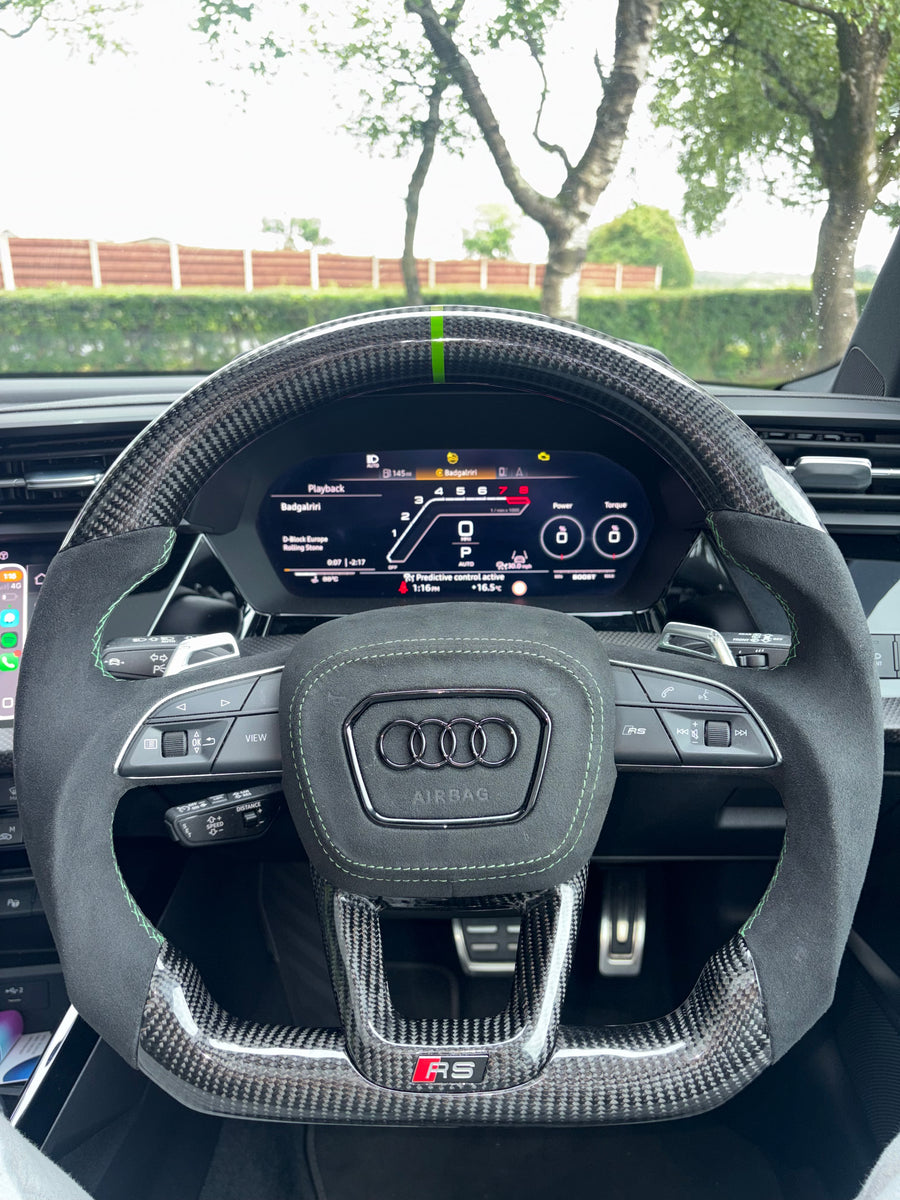 Audi RS3 8Y Steering Wheel, Flat Bottom Carbon Fibre and Alcantara with Kyalami Green Stitching, Customer Build