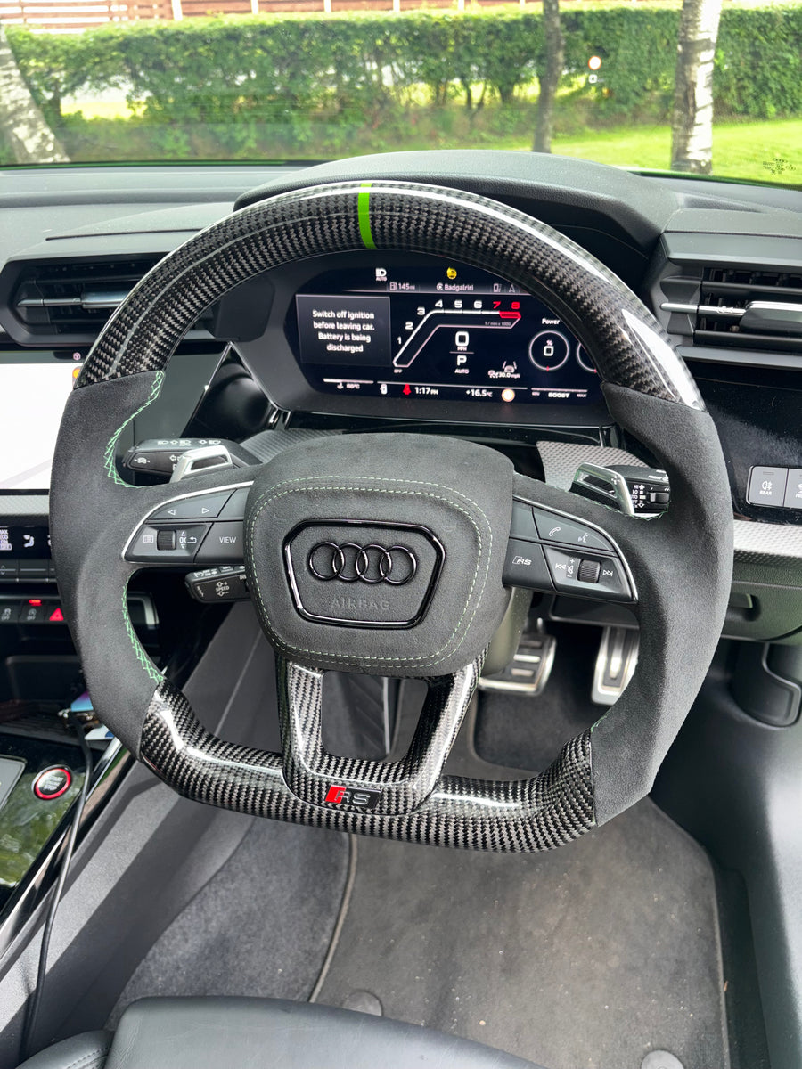 Audi RS3 8Y Steering Wheel, Flat Bottom Carbon Fibre and Alcantara with Kyalami Green Stitching, Customer Build