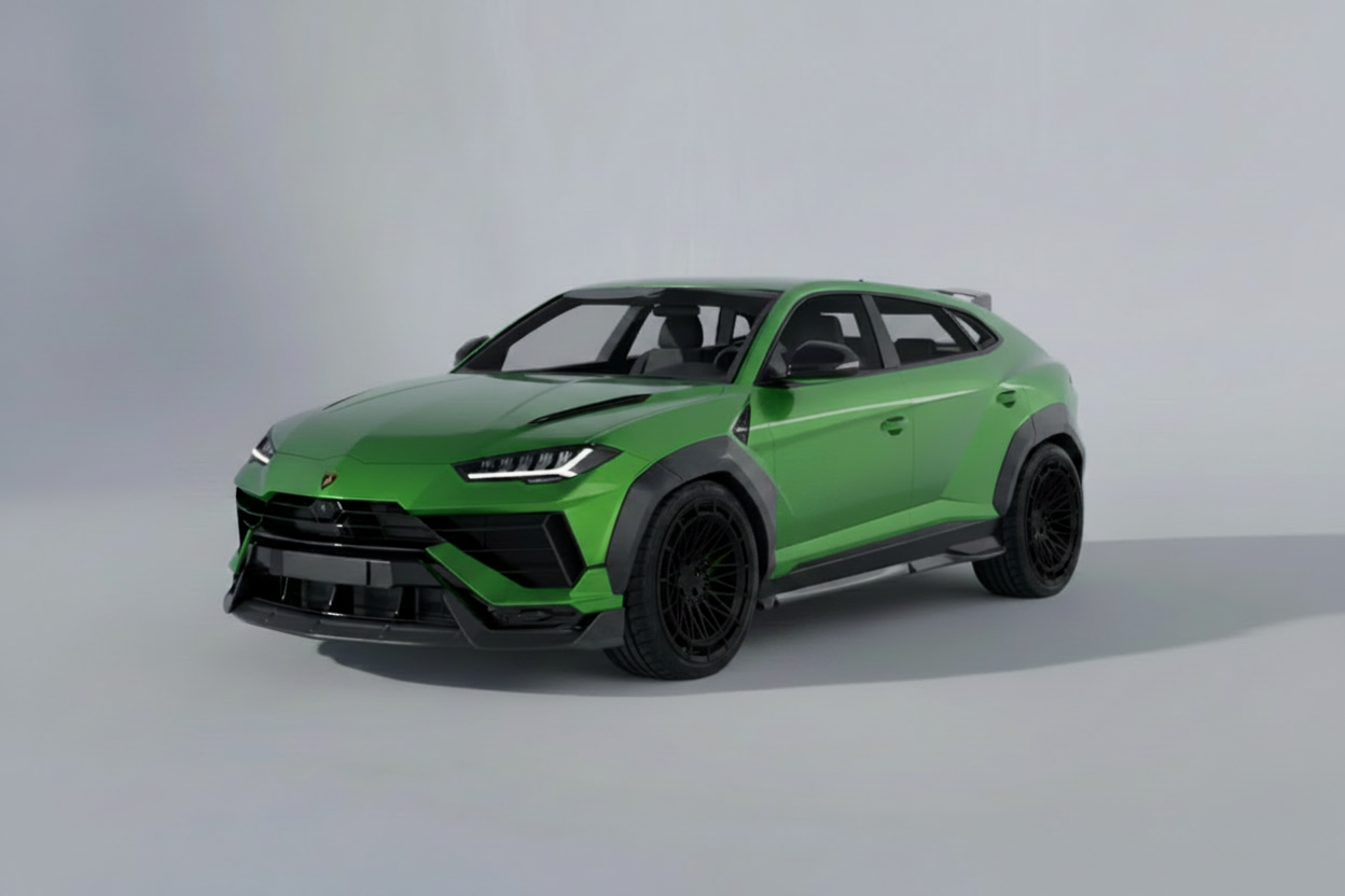 Lamborghini Urus Carbon Fibre Front Splitter Fitted to vehicle in a studio background. 