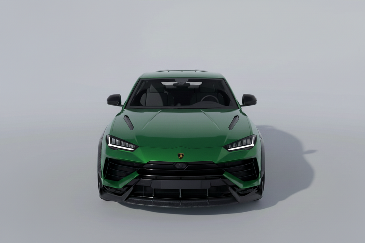 Green Lamborghini Urus with a carbon fibre front splitter fitted
