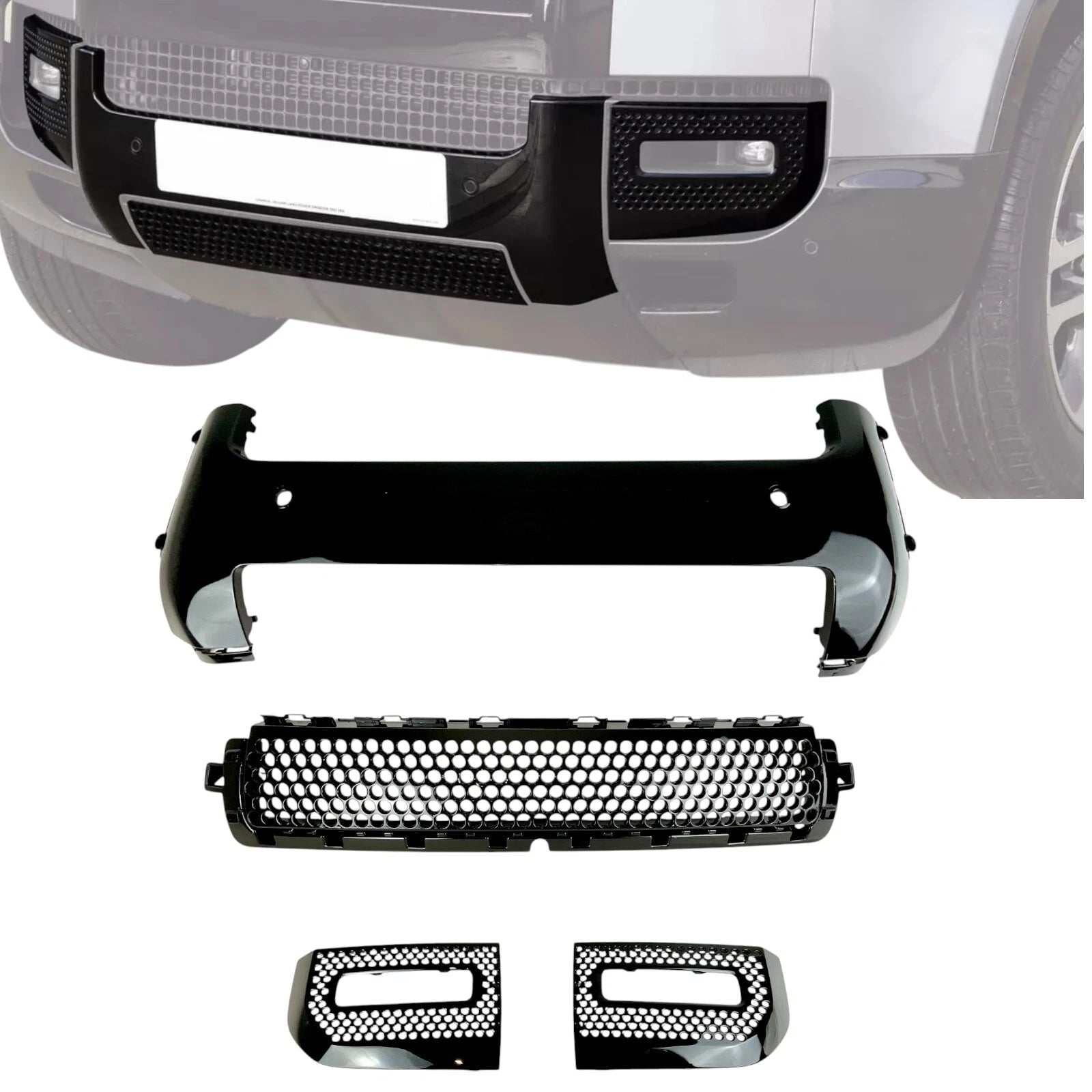 Land Rover Defender L663 Bumper Trim Set gloss black on white background