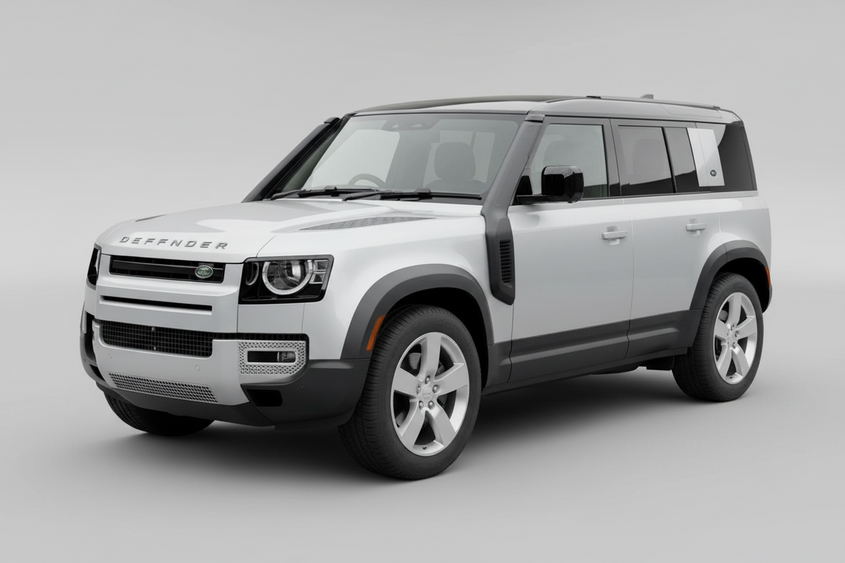 Silver Defender L663 SUV with black side mirrors and window and black snorkel