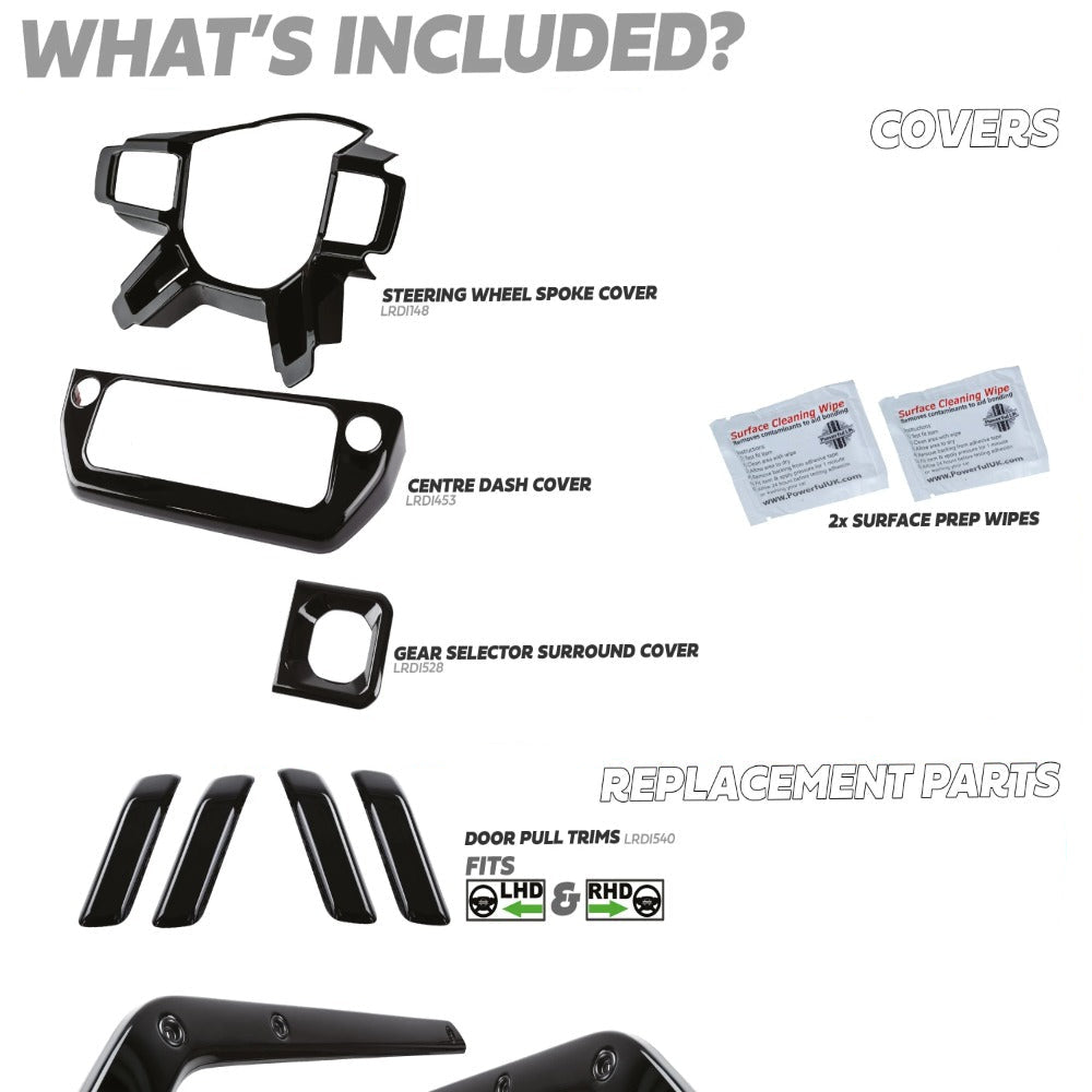 Land Rover Defender L663 interior trim kit gloss black kit contents photo