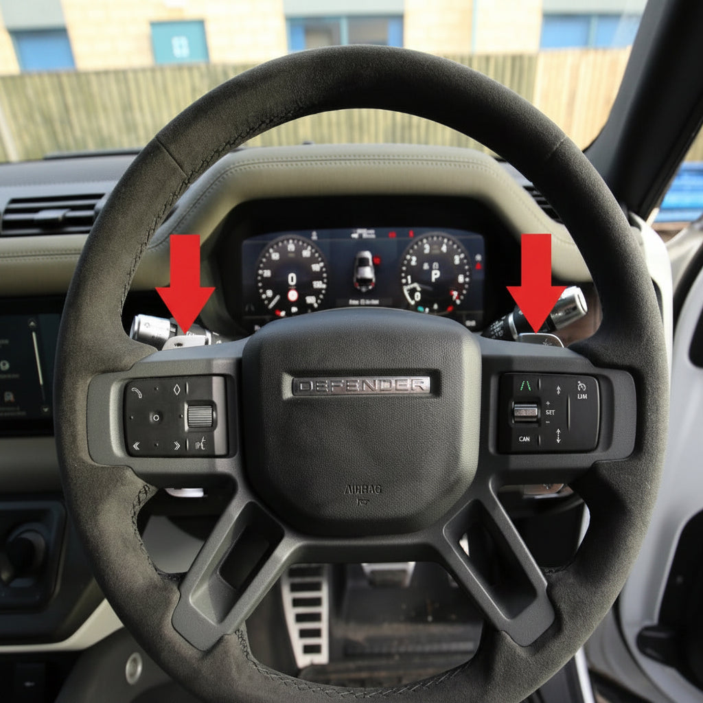 Land Rover Defender V8 L663 Genuine Aluminium Paddle Shifters fitted to vehicle 