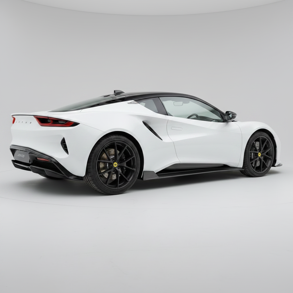 white lotus emira in a photo studio with carbon fibre side steps fitted