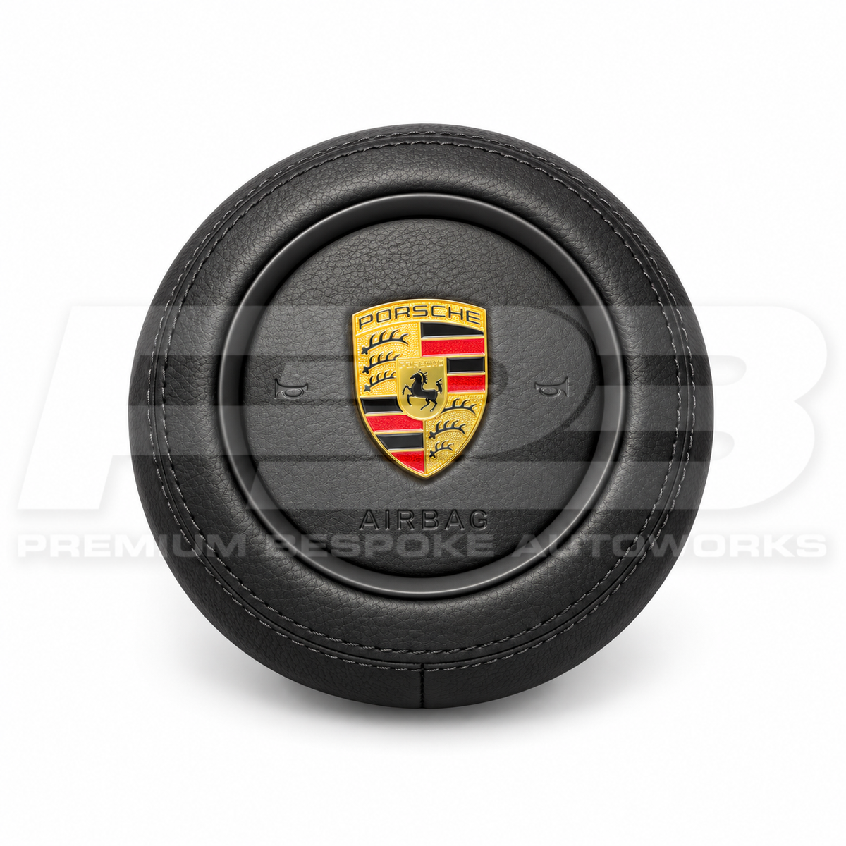 Porsche 911 997 custom airbag cover in black leather with black stitching, front view, replaces the original plastic cover