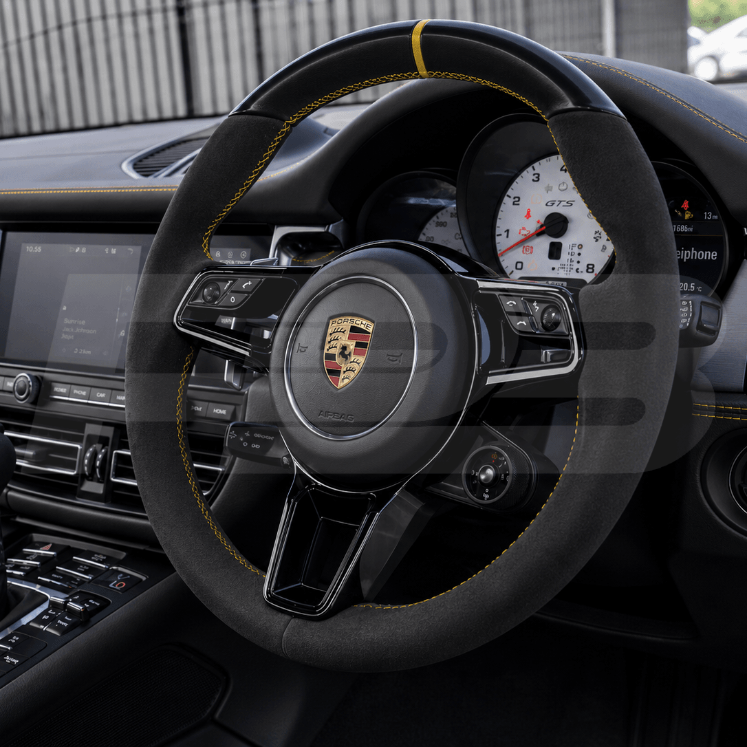Porsche macan 95B.2 custom steering wheel in black alcantara with yellow stitching 