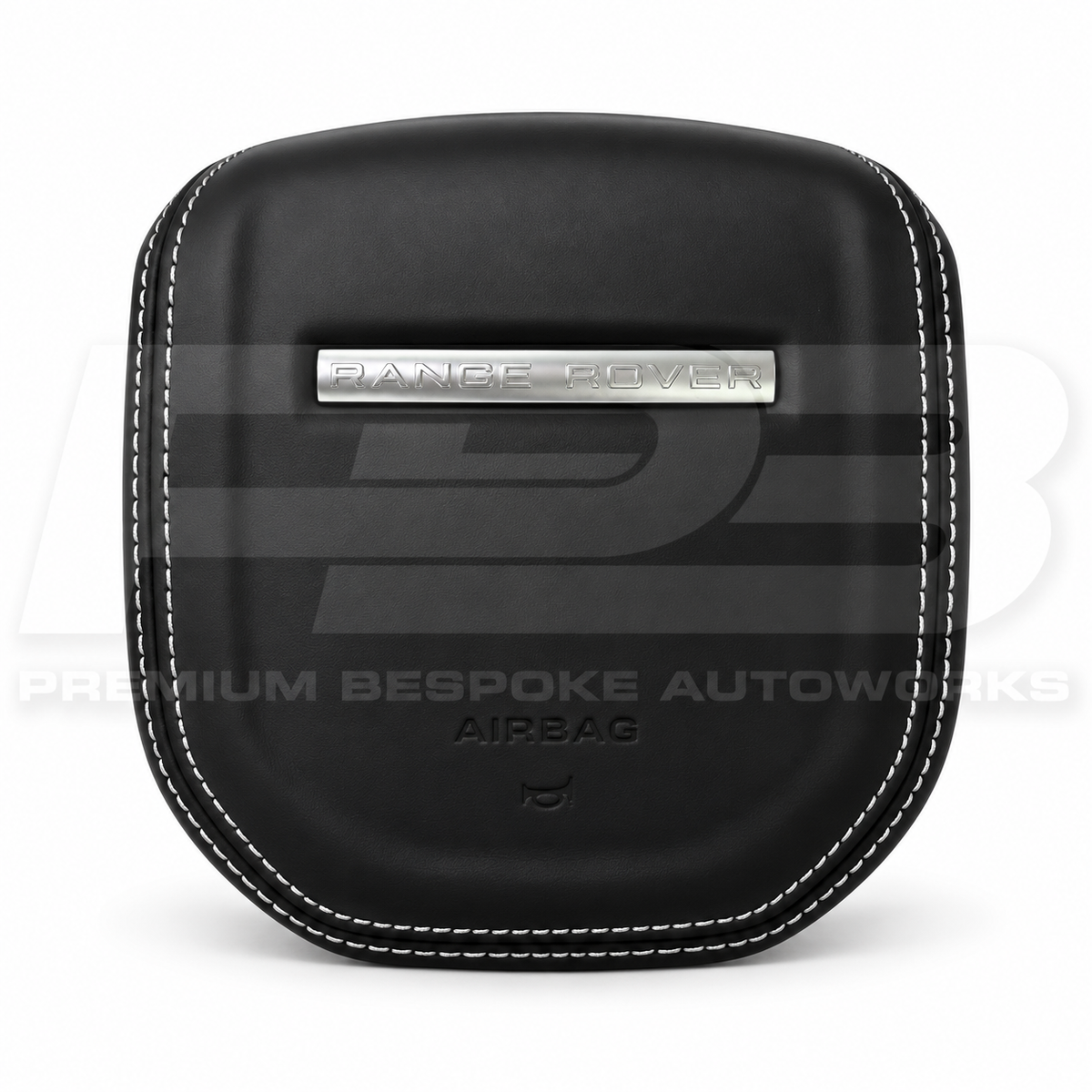Range Rover Sport L494 custom airbag cover in black leather with white contrast stitching, front view, replaces the original plastic cover
