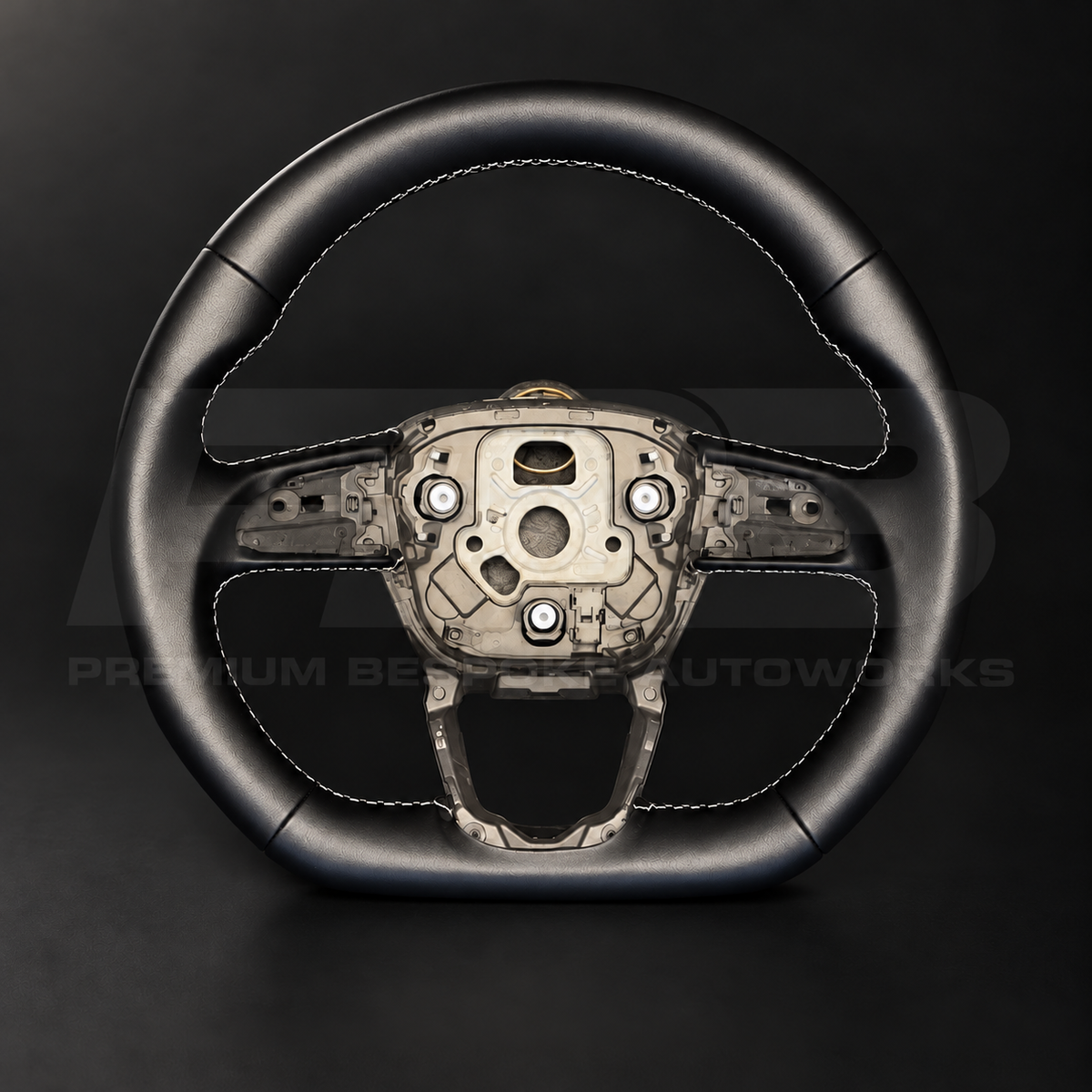 Audi Q8 custom steering wheel, front view, factory flat bottom shape with thicker rim in full black nappa leather and grey stitching, customer build by Premium Bespoke AutoWorks