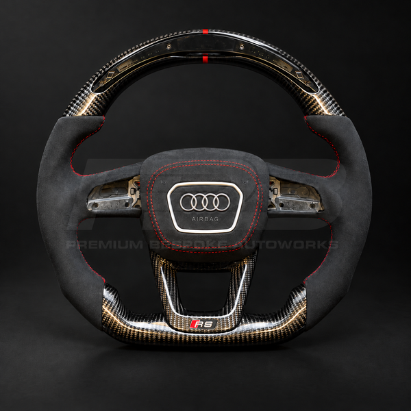 Audi RS4 B9.5 custom steering wheel, front view, flat bottom gloss carbon fibre with LED race display, black Alcantara grips and Alcantara airbag cover with red stitching, customer build by Premium Bespoke AutoWorks