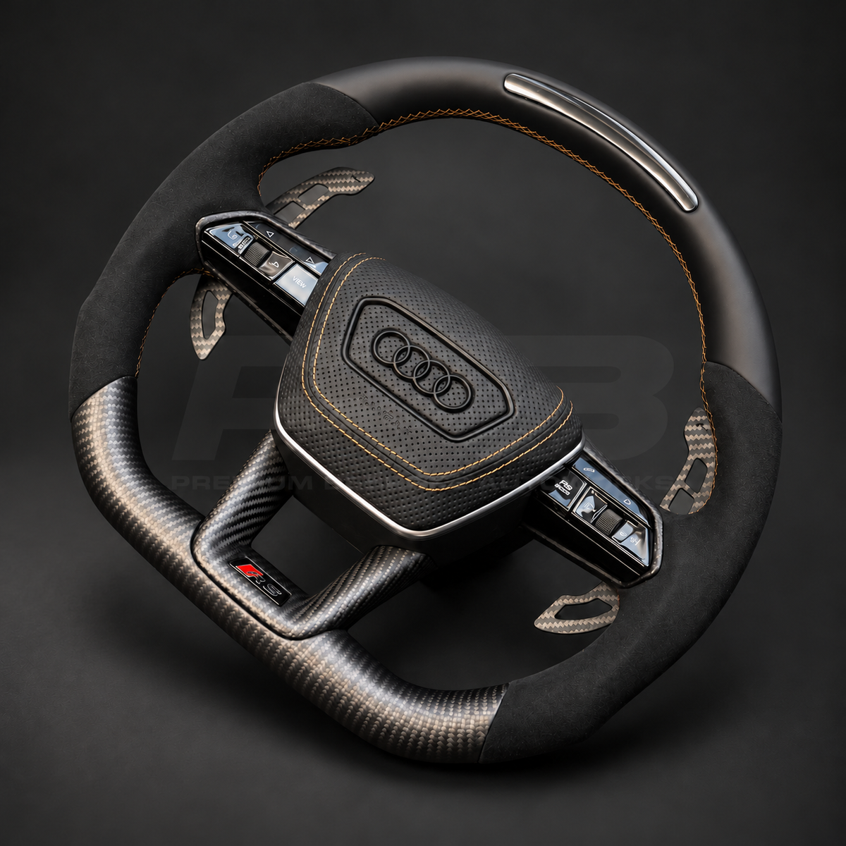 Audi RS7 4K8 custom steering wheel left angle showing black Nappa leather top with RPM lights, matte carbon bottom, Alcantara grips and copper stitching