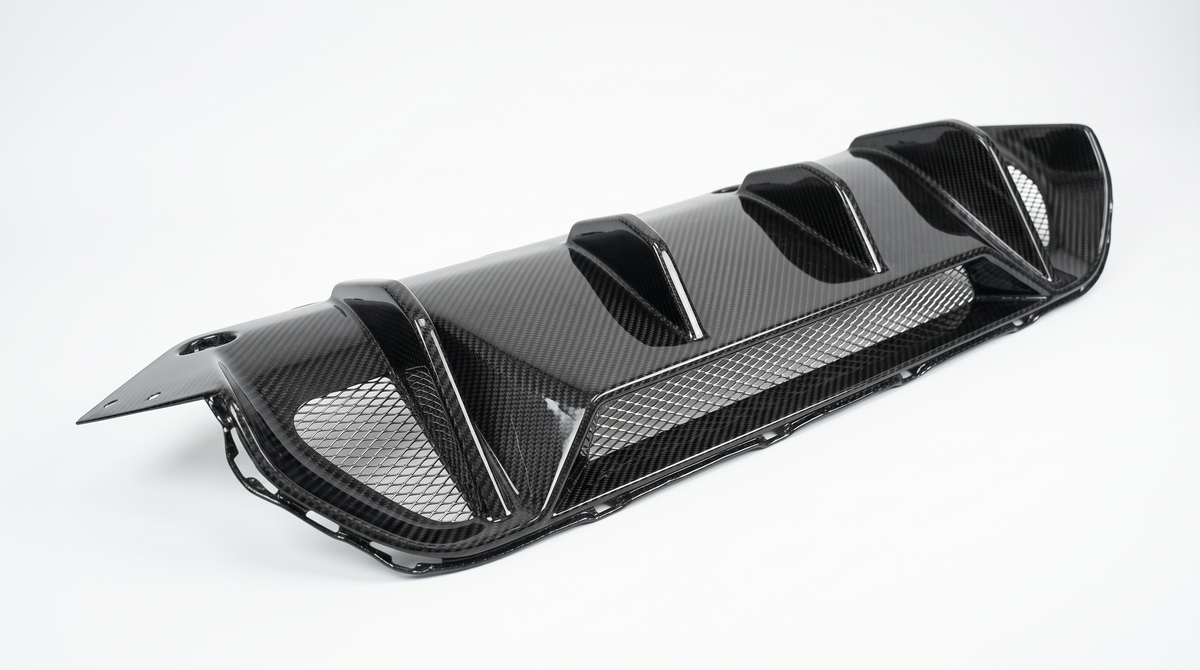 BMW M5 F90 Pre-Preg Carbon Fibre Rear Diffuser (2017-2023) angled view - Premium Bespoke AutoWorks