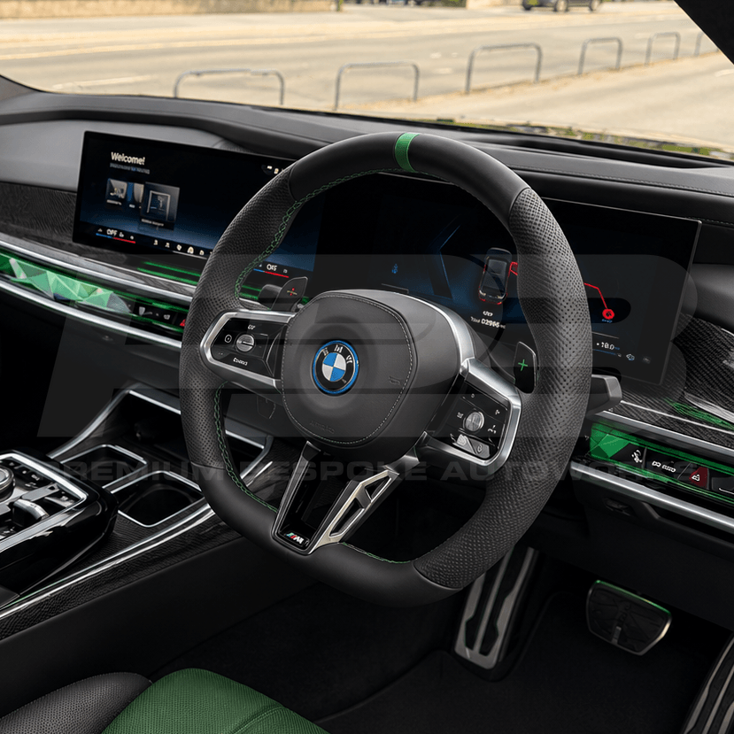 BMW 7 Series i7 G70 steering wheel upgrade in green leather, hand finished on a genuine OEM core