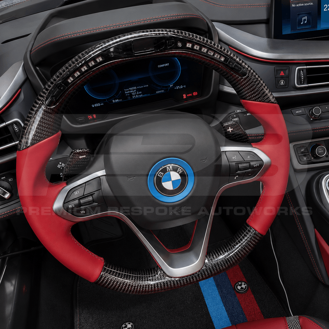 BMW i8 steering wheel upgrade with RPM shift lights, hand finished on a genuine OEM core