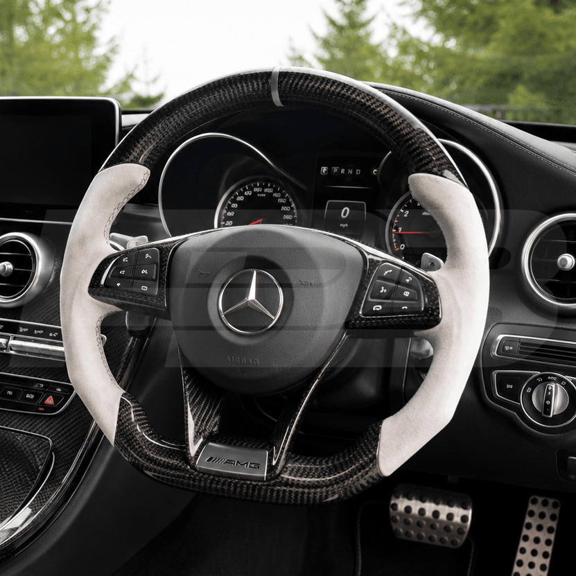 c63 amg w205 carbon fibre steering wheel with white alcantara grips 