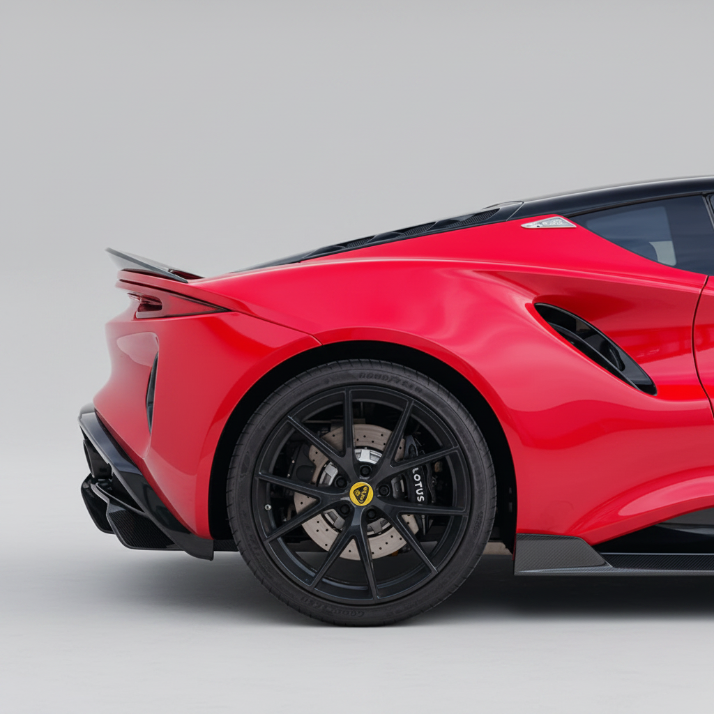 Close-up rear three-quarter view of a bright red sports car parked outdoors on a paved surface, showing the black multi-spoke wheel, brake disc, and part of the rear end with a blurred modern building in the background.