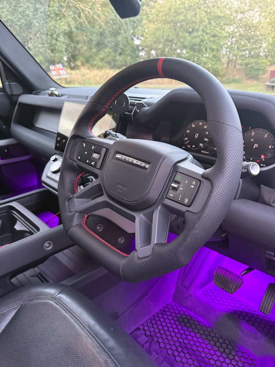 Land Rover Defender L663 Steering Wheel, Flat Bottom Nappa Leather with Red Stitching and Leather Airbag Cover, Heated, Customer Build