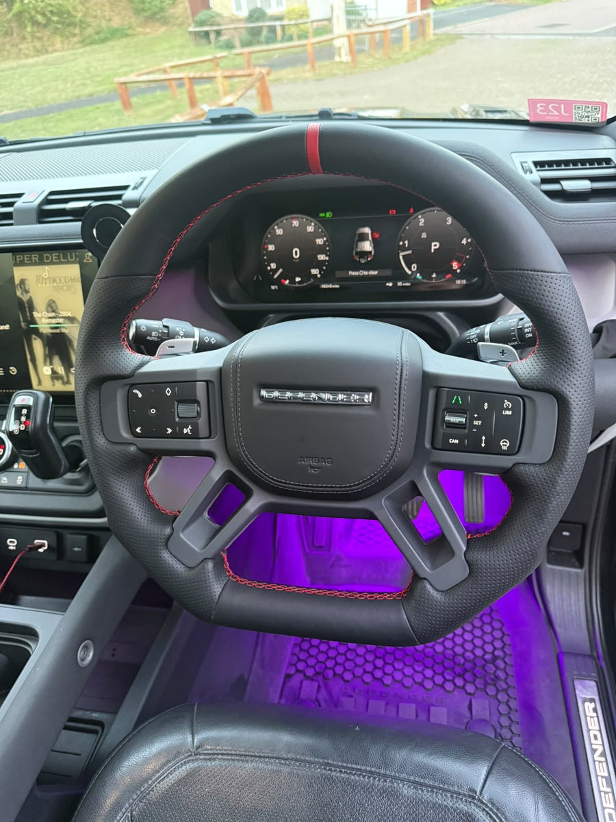 Land Rover Defender L663 Steering Wheel, Flat Bottom Nappa Leather with Red Stitching and Leather Airbag Cover, Heated, Customer Build