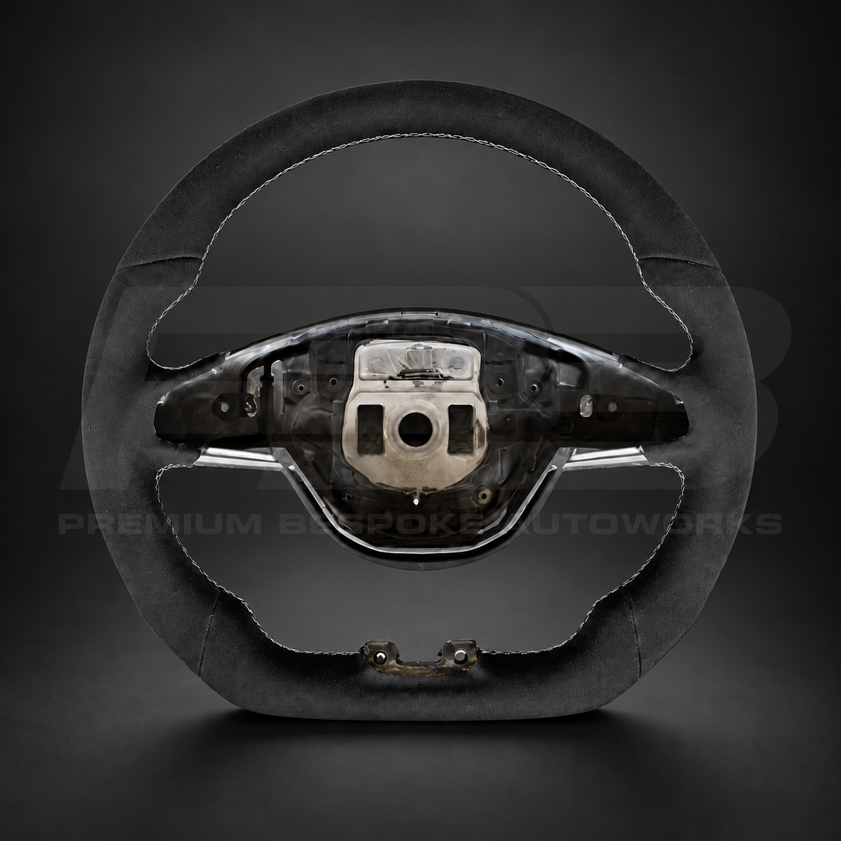 Mercedes-AMG C63 W205 custom steering wheel front view showing flat bottom, full black Alcantara and white stitching