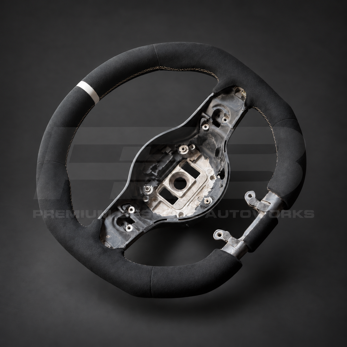 Mercedes-AMG C63 W205 Facelift custom steering wheel left angle showing flat bottom, full black Alcantara, white stitching and white 12 o'clock stripe