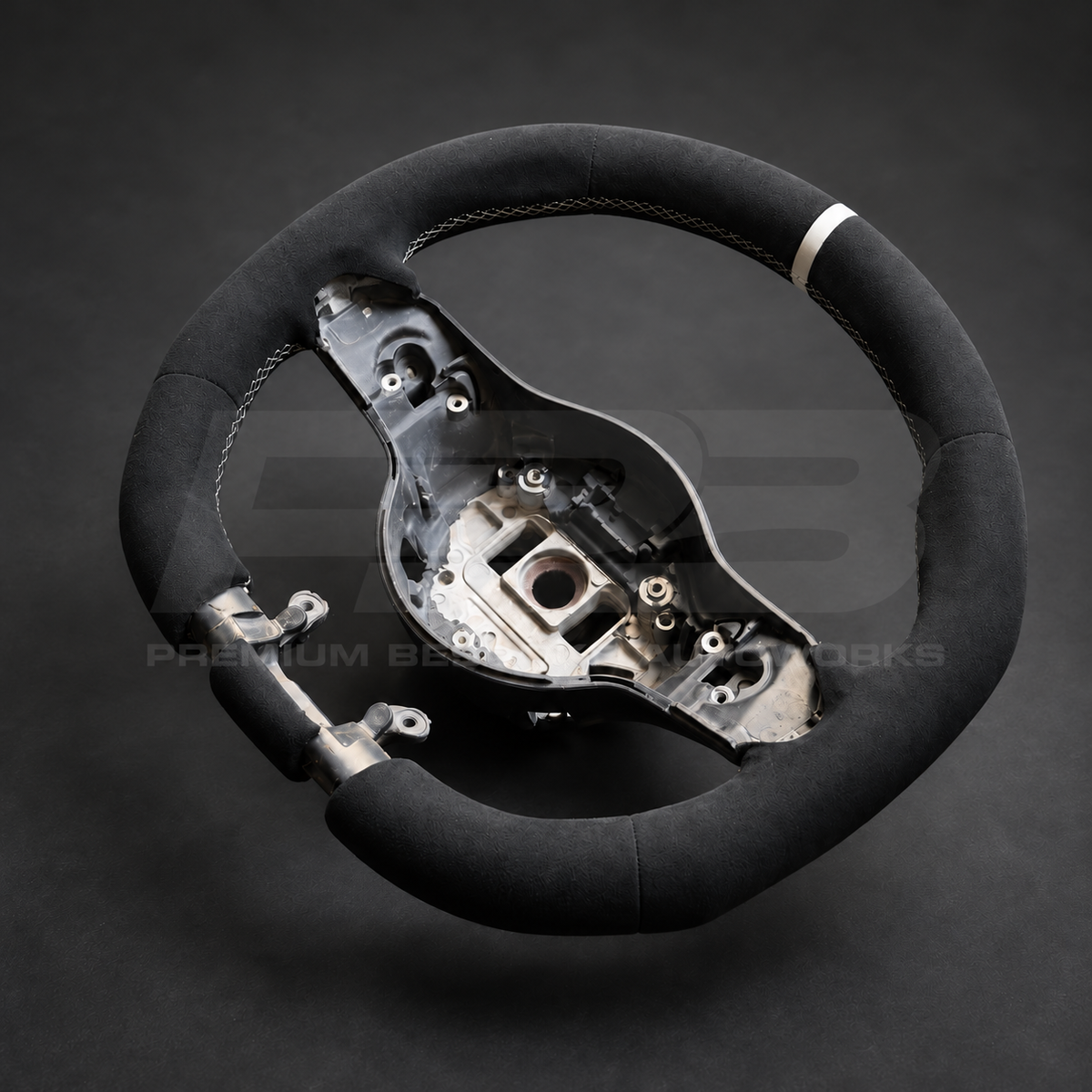 Mercedes-AMG C63 W205 Facelift custom steering wheel right angle showing flat bottom, full black Alcantara, white stitching and white 12 o'clock stripe
