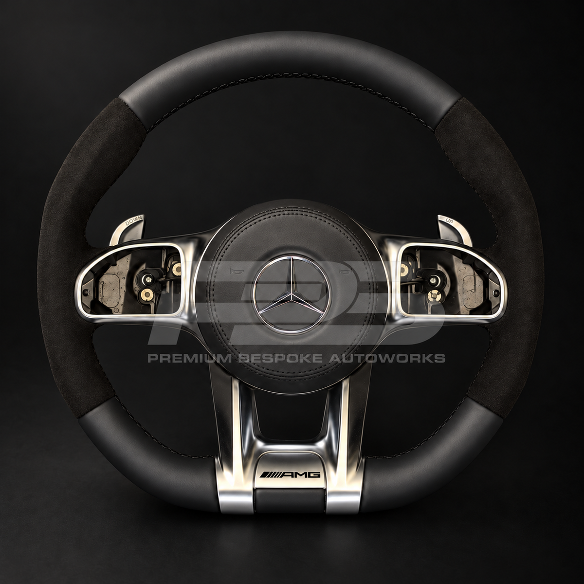 Mercedes-AMG GLE V167 custom steering wheel, front view, flat bottom with smooth black leather top and bottom, black Alcantara grips, black stitching and factory silver AMG trims, built by Premium Bespoke AutoWorks