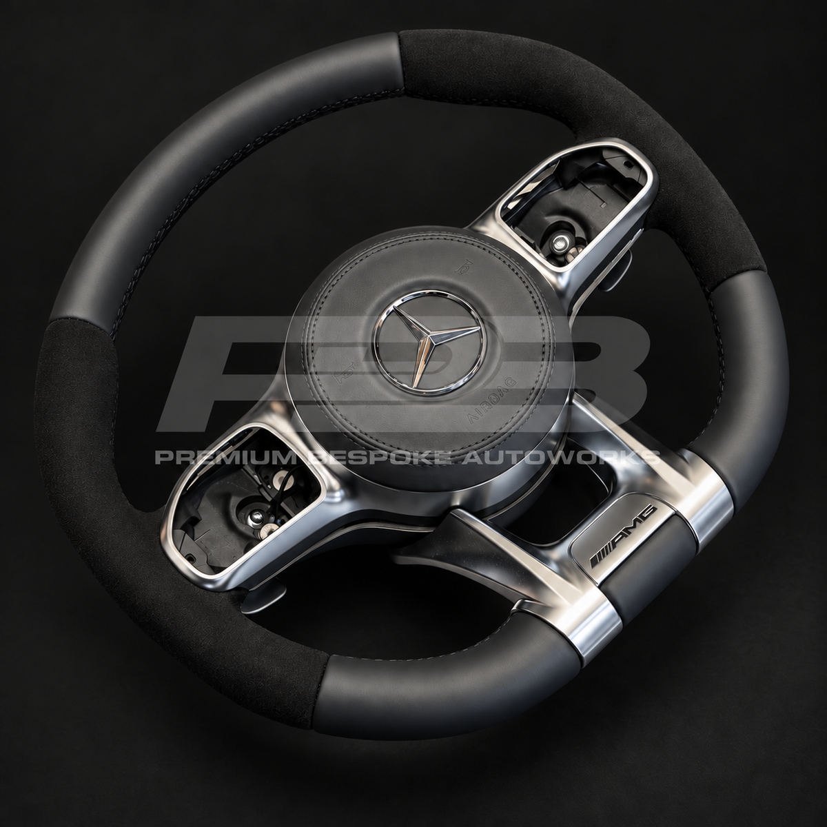 Mercedes-AMG GLE V167 custom steering wheel rotated to show the black Alcantara grips and leather airbag in the factory finish