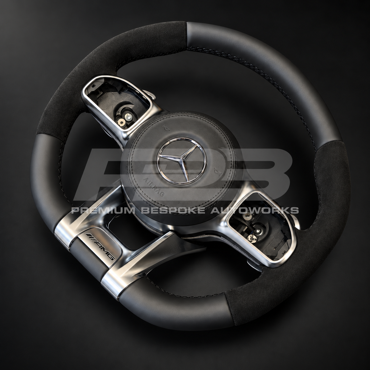 Mercedes-AMG GLE V167 custom steering wheel rotated to show the smooth leather top section and Alcantara grip transition