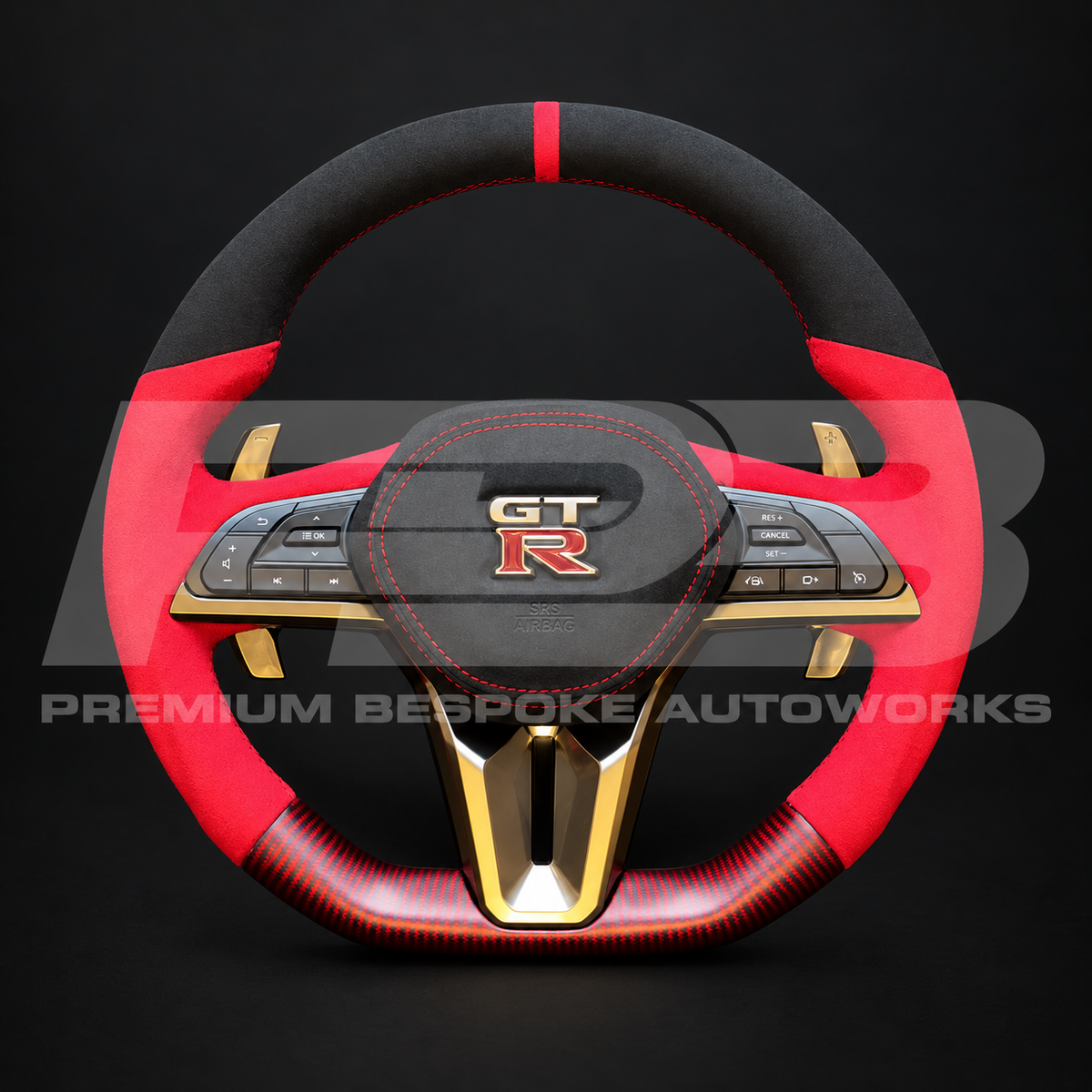 Nissan GT-R R35 EBA custom steering wheel as built, black Alcantara top with red 12 o'clock marker, red Alcantara grips, red carbon fibre bottom section, red stitching, Alcantara airbag cover