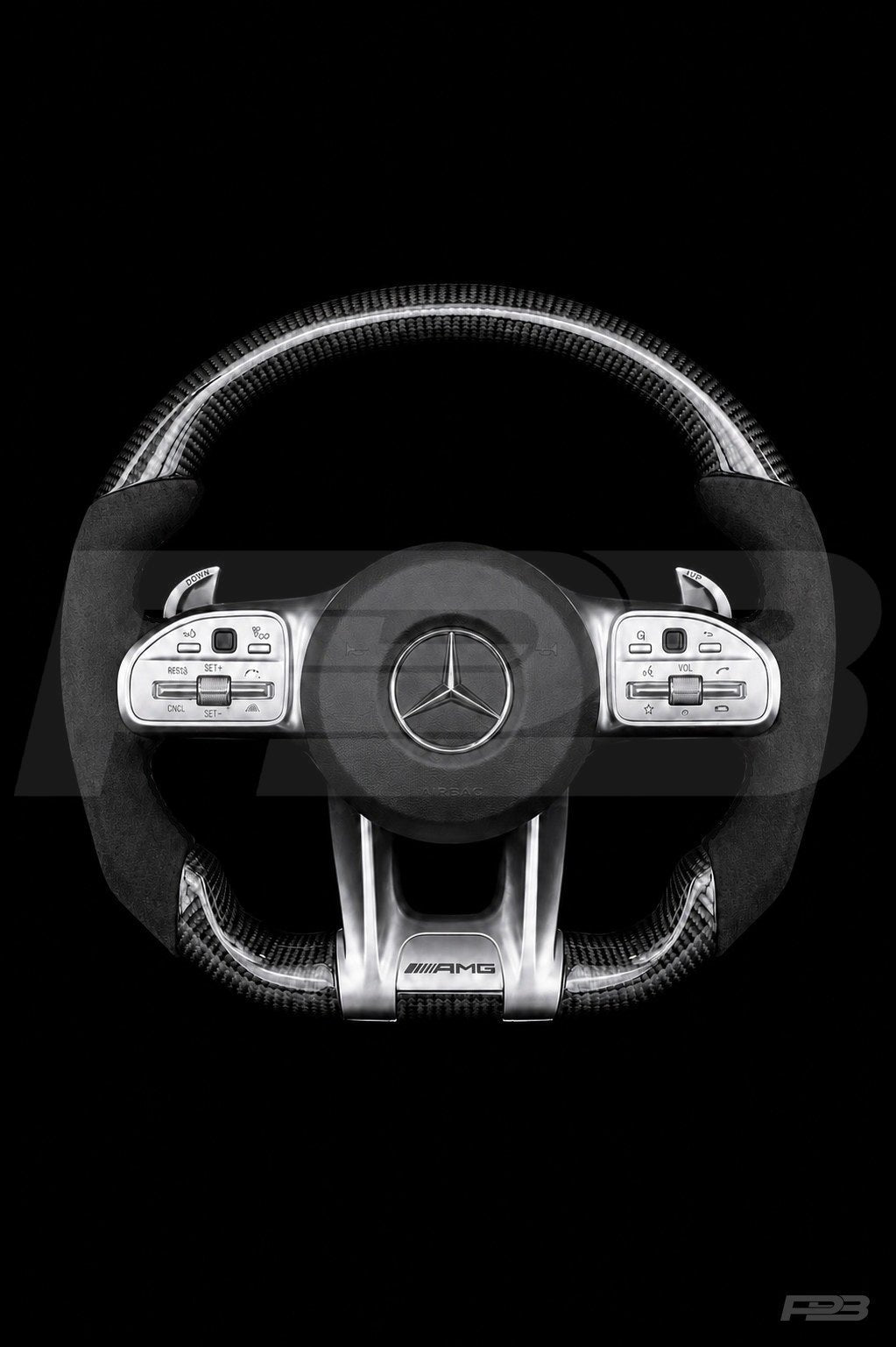 PBAW Mercedes-AMG C63 W205 Facelift Carbon Alcantara steering wheel — Complete Black stitching