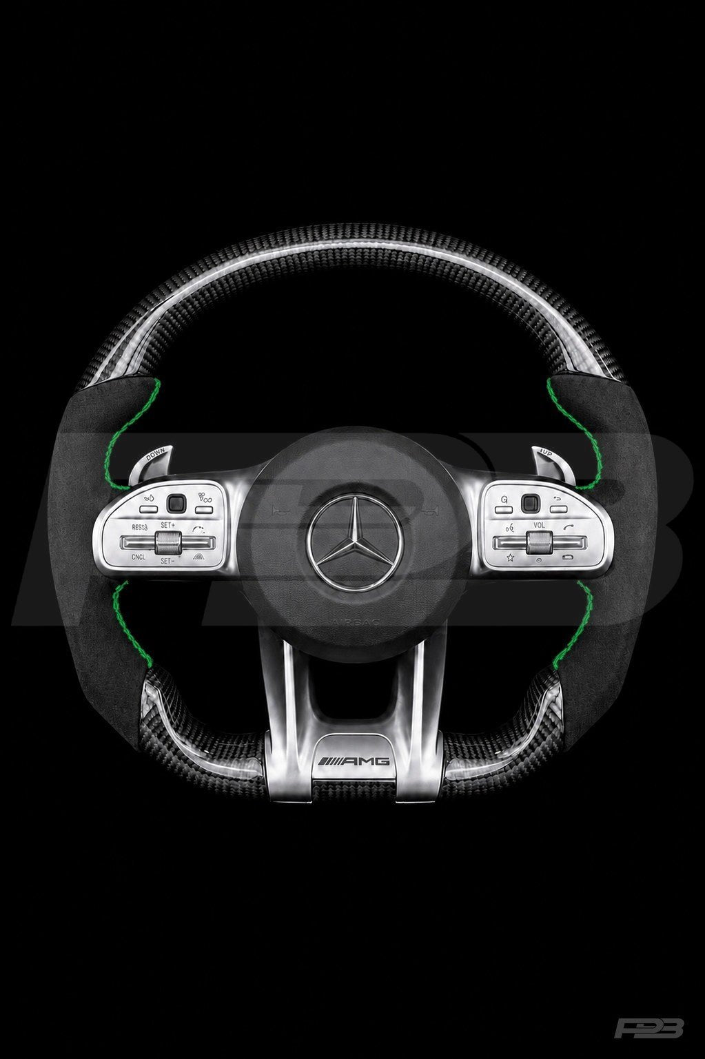 PBAW Mercedes-AMG C63 W205 Facelift Carbon Alcantara steering wheel — Complete Green stitching
