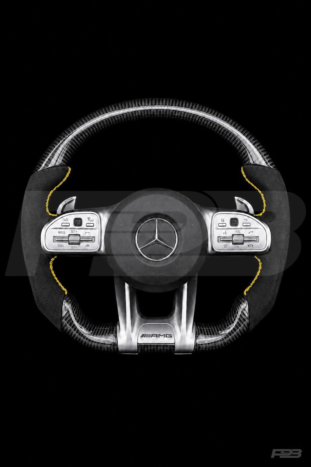 PBAW Mercedes-AMG C63 W205 Facelift Carbon Alcantara steering wheel — Complete Yellow stitching