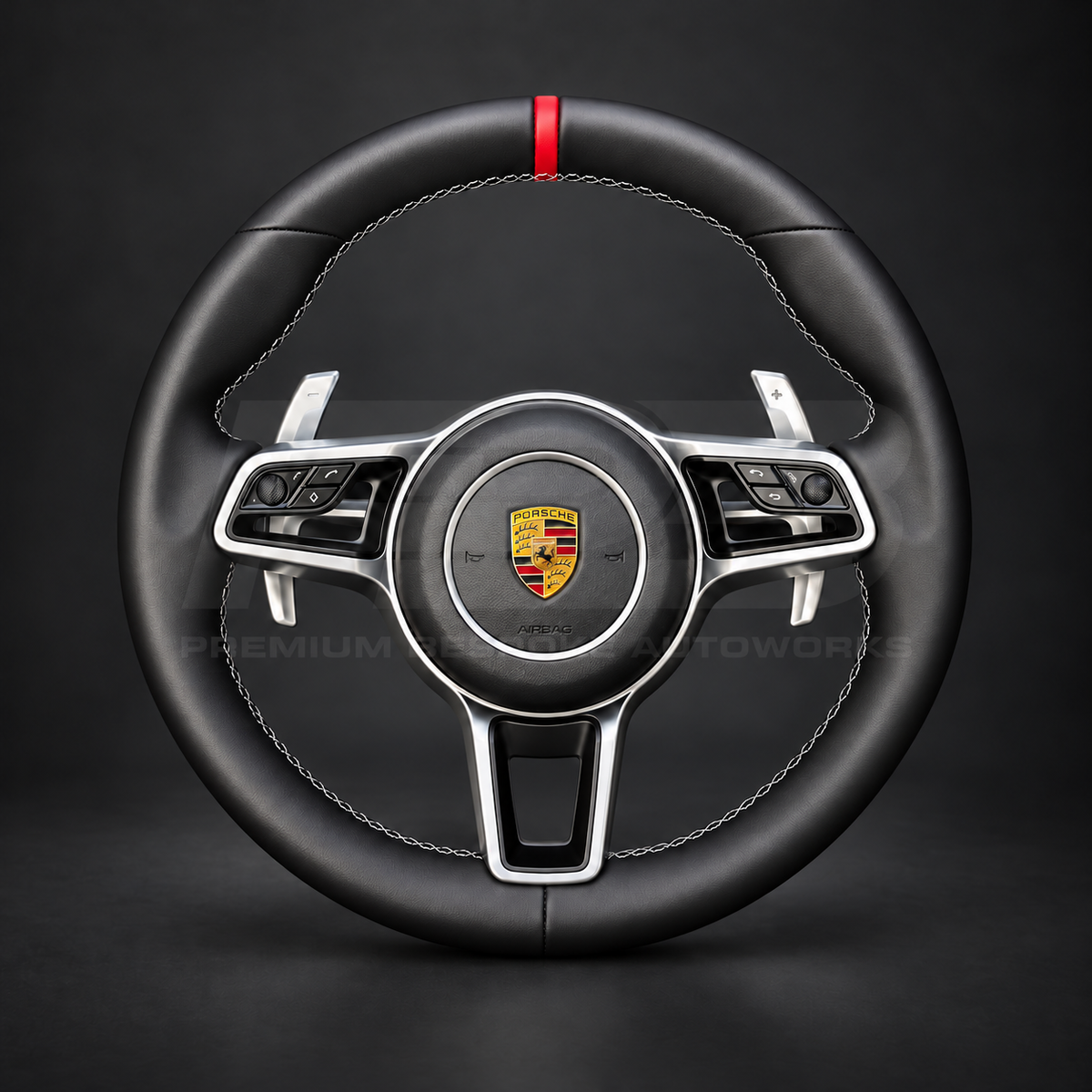 Porsche 911 991.2 custom steering wheel front view showing black Nappa leather, grey stitching, red 12 o'clock marker and silver paddles