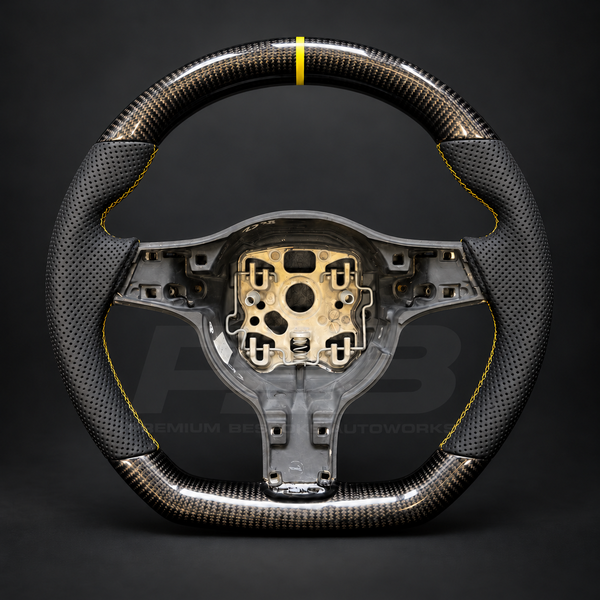 Porsche 911 997.2 Steering Wheel, Flat Top Carbon Fibre with Perforated Grips and Yellow Marker, Customer Build