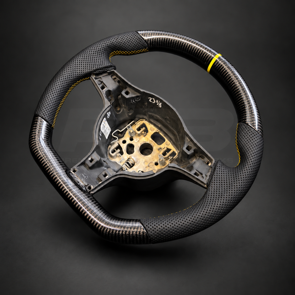 Porsche 911 997.2 Steering Wheel, Flat Top Carbon Fibre with Perforated Grips and Yellow Marker, Customer Build