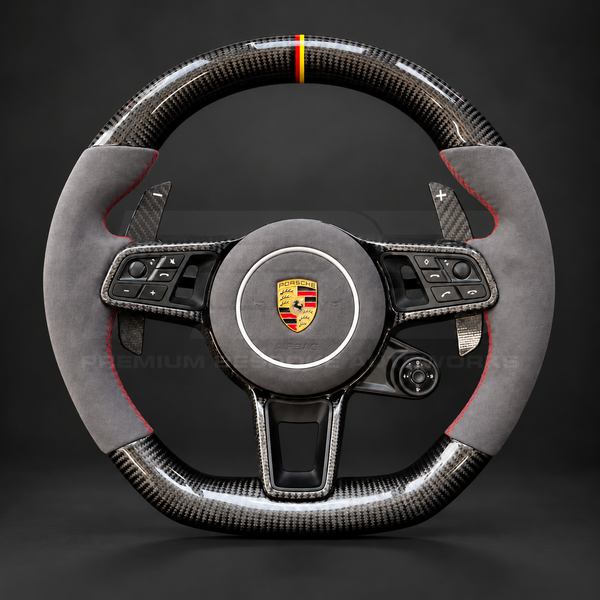 Porsche Cayenne 9Y0 Steering Wheel, Grey Carbon and Grey Alcantara with German Flag Marker, Heated, Customer Build