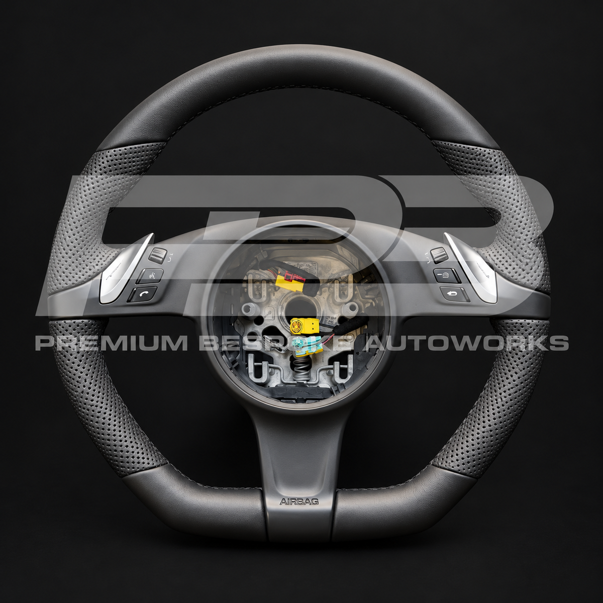 Porsche Panamera 970 custom steering wheel as built, flat bottom, smooth black leather with perforated leather grips, black stitching, new buttons and paddle shifters fitted