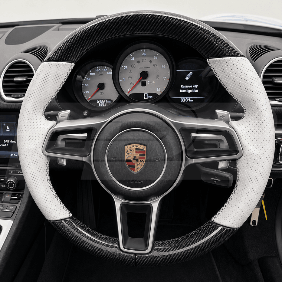 porsche cayman boxster 982 carbon fibre steering wheel with white grips