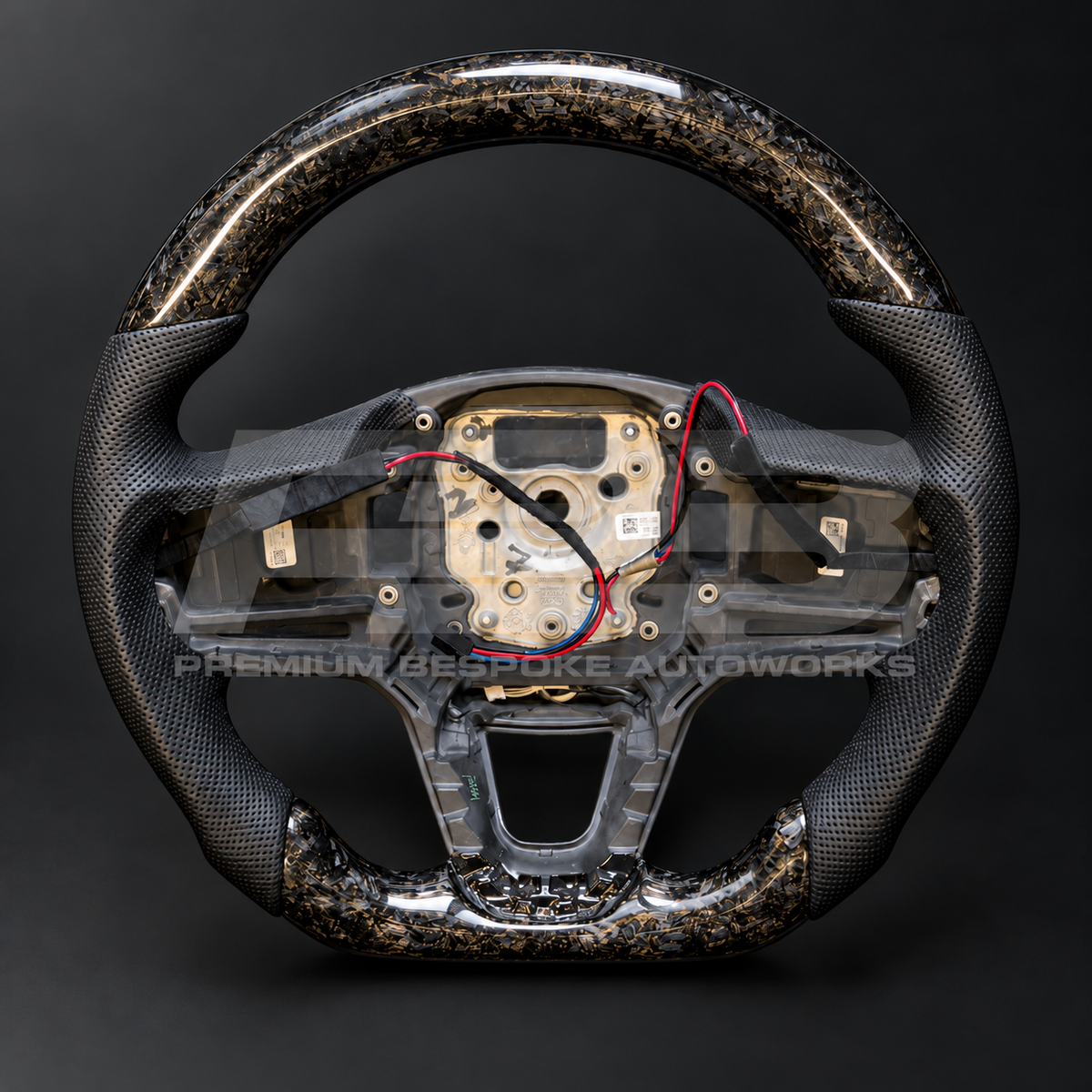 Range Rover Sport L461 custom steering wheel, front view, flat bottom gloss forged carbon fibre with perforated black leather grips, heated, customer build by Premium Bespoke AutoWorks