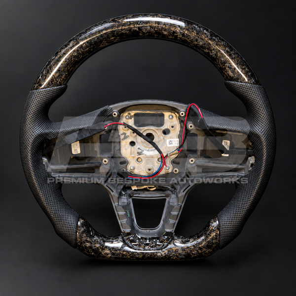 Range Rover Sport L461 custom steering wheel, front view, flat bottom gloss forged carbon fibre with perforated black leather grips, heated, customer build by Premium Bespoke AutoWorks