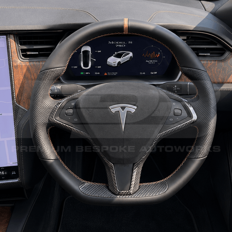 Tesla custom steering wheel, hand-finished to order by Premium Bespoke AutoWorks