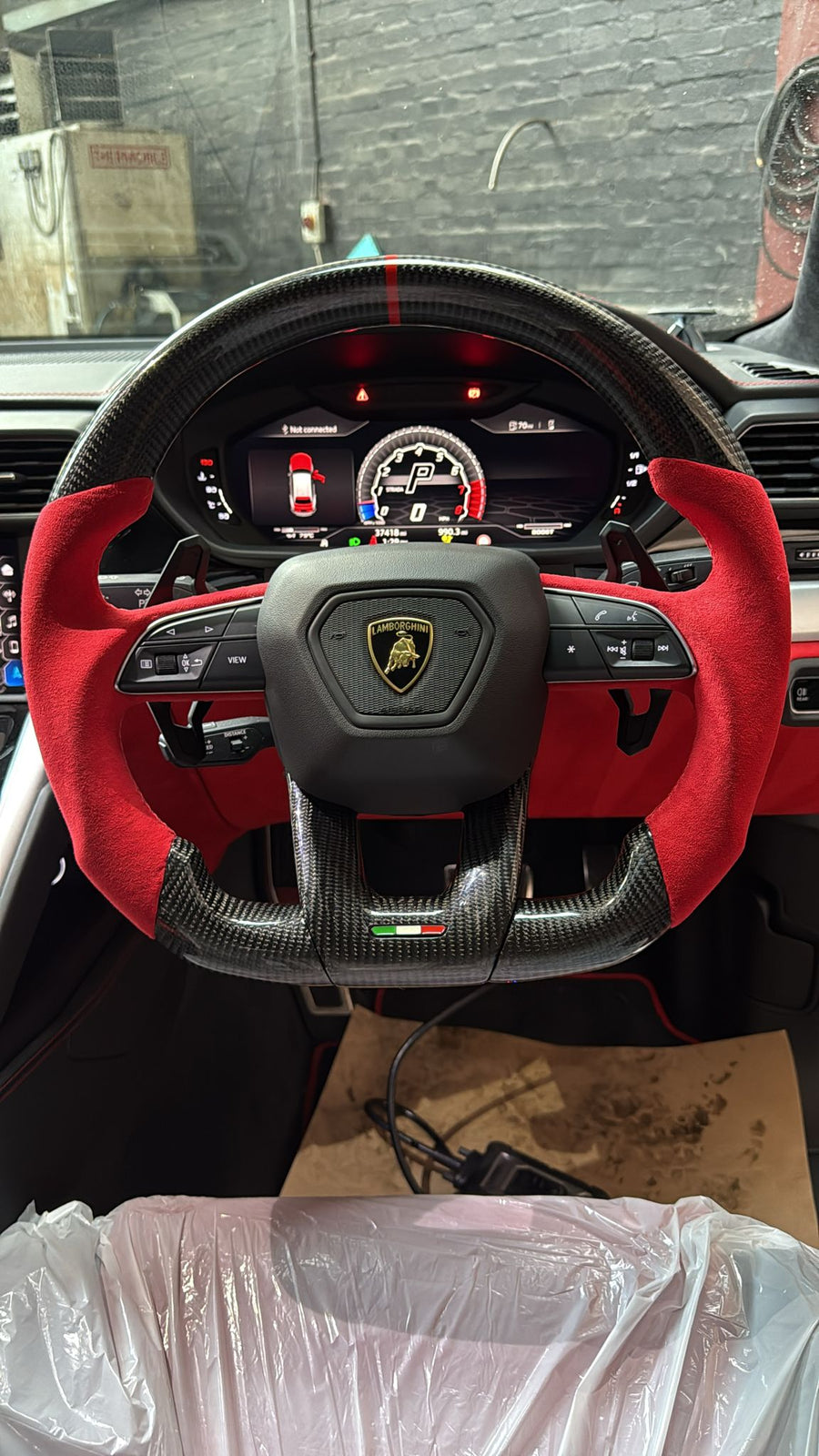 Lamborghini Urus Steering Wheel, Flat Bottom Carbon Fibre with Red Alcantara Grips and Italian Flag Trim, Customer Build